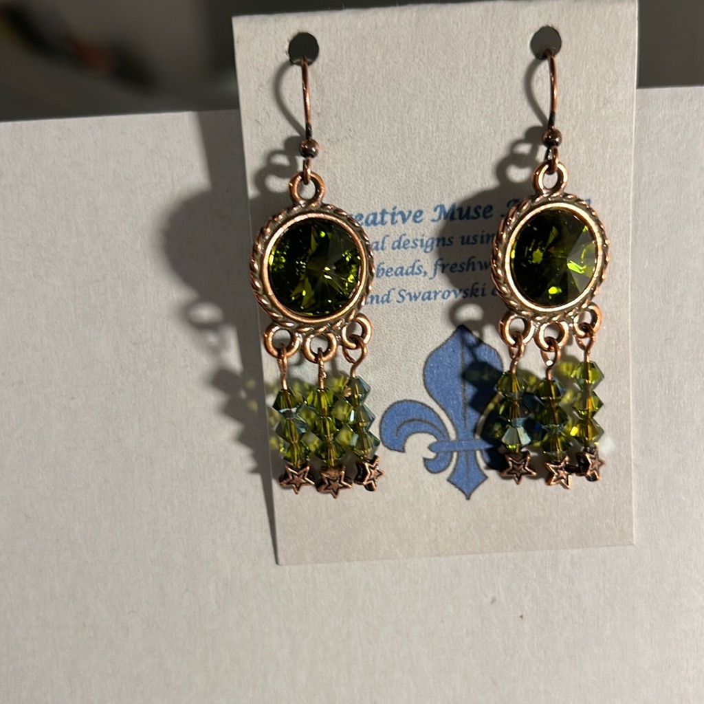 Earrings With Swarovksi Olivine Crystal And Copper Findings With Star Detail